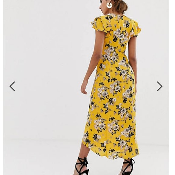 Oasis from ASOS midi tea dress with frill sleeves in floral print yellow NWT - Picture 3 of 6